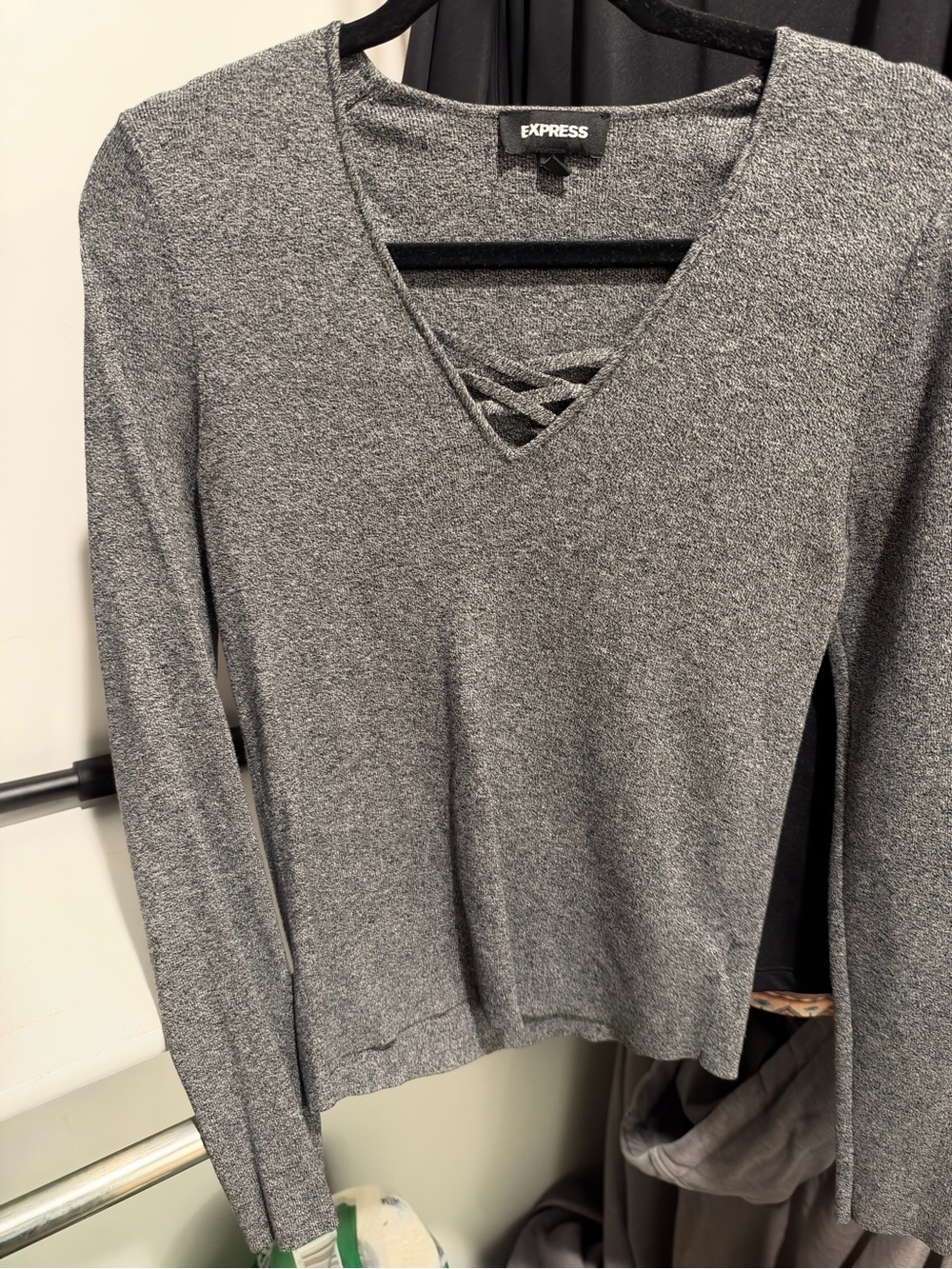 Express Gray Crisscross V-Neck Long Sleeve Top